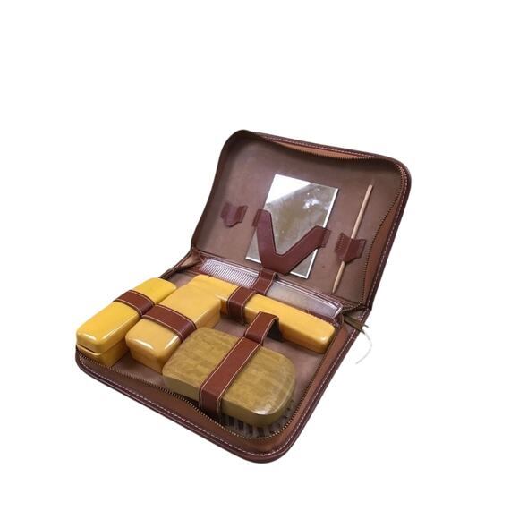 Mid Century Leather Travel Toiletry Case w/ Brush Comb Mirror Grooming Kit - Picture 2 of 9